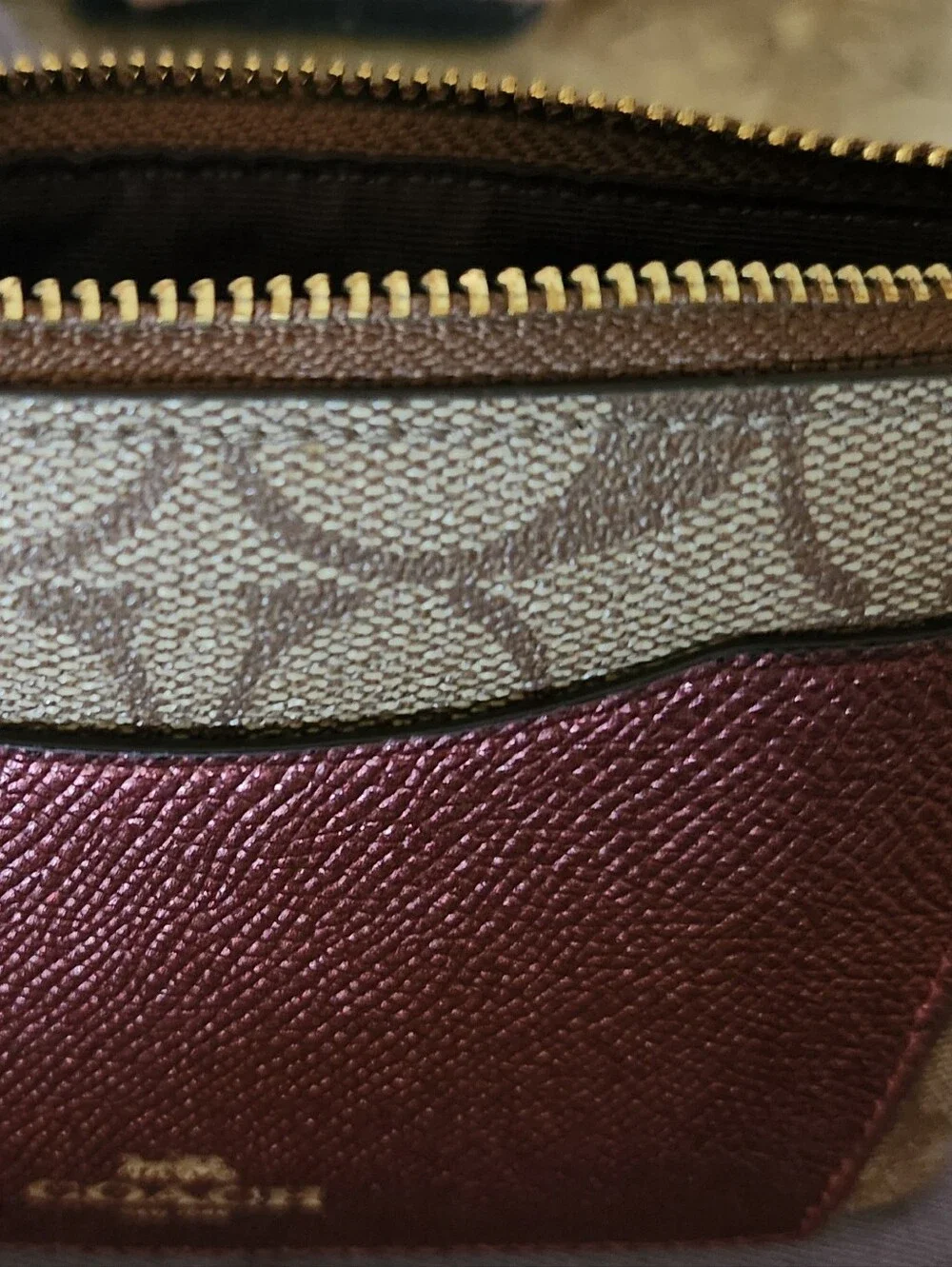 Coach Brown Signature Canvas Card Wallet with Burgundy Leather Pocket - Picture 2 of 6